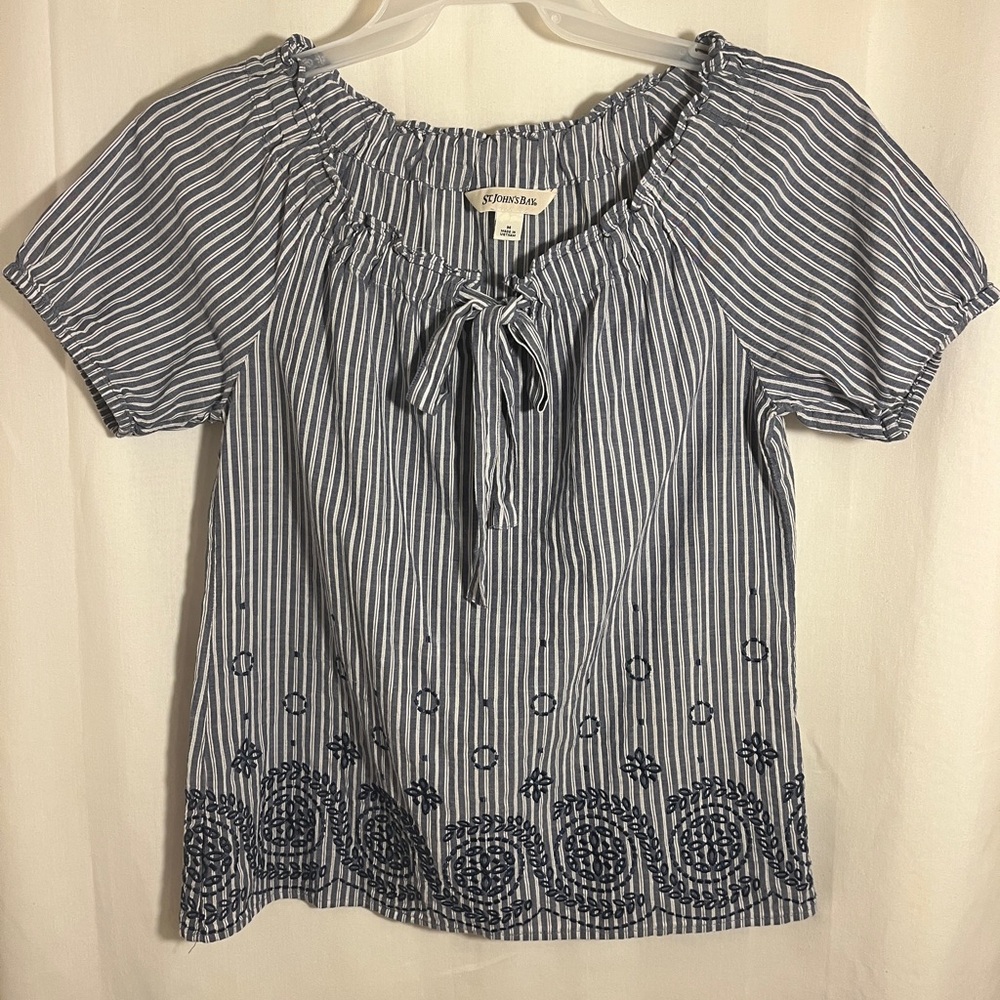 St. John's Bay Navy Striped Blouse with Embroidery